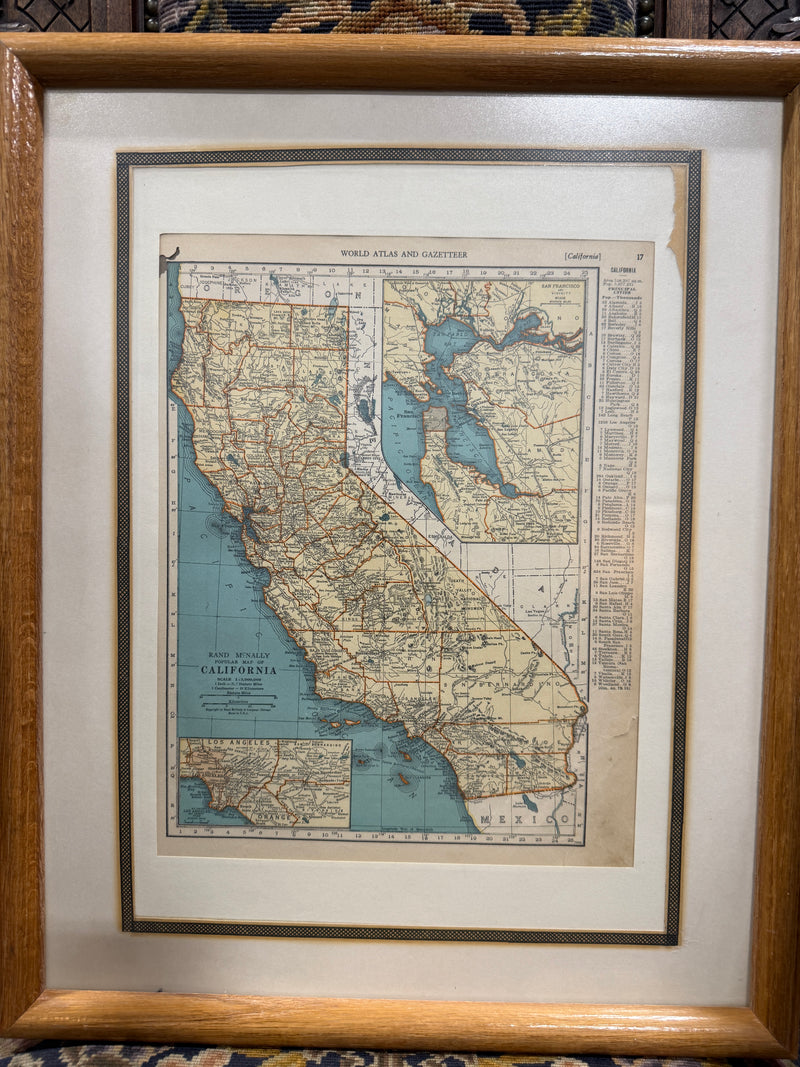 Vintage Rand McNally Map of California, Collier's World Atlas and Gazetteer, Framed with Reno in the Corner, 1935