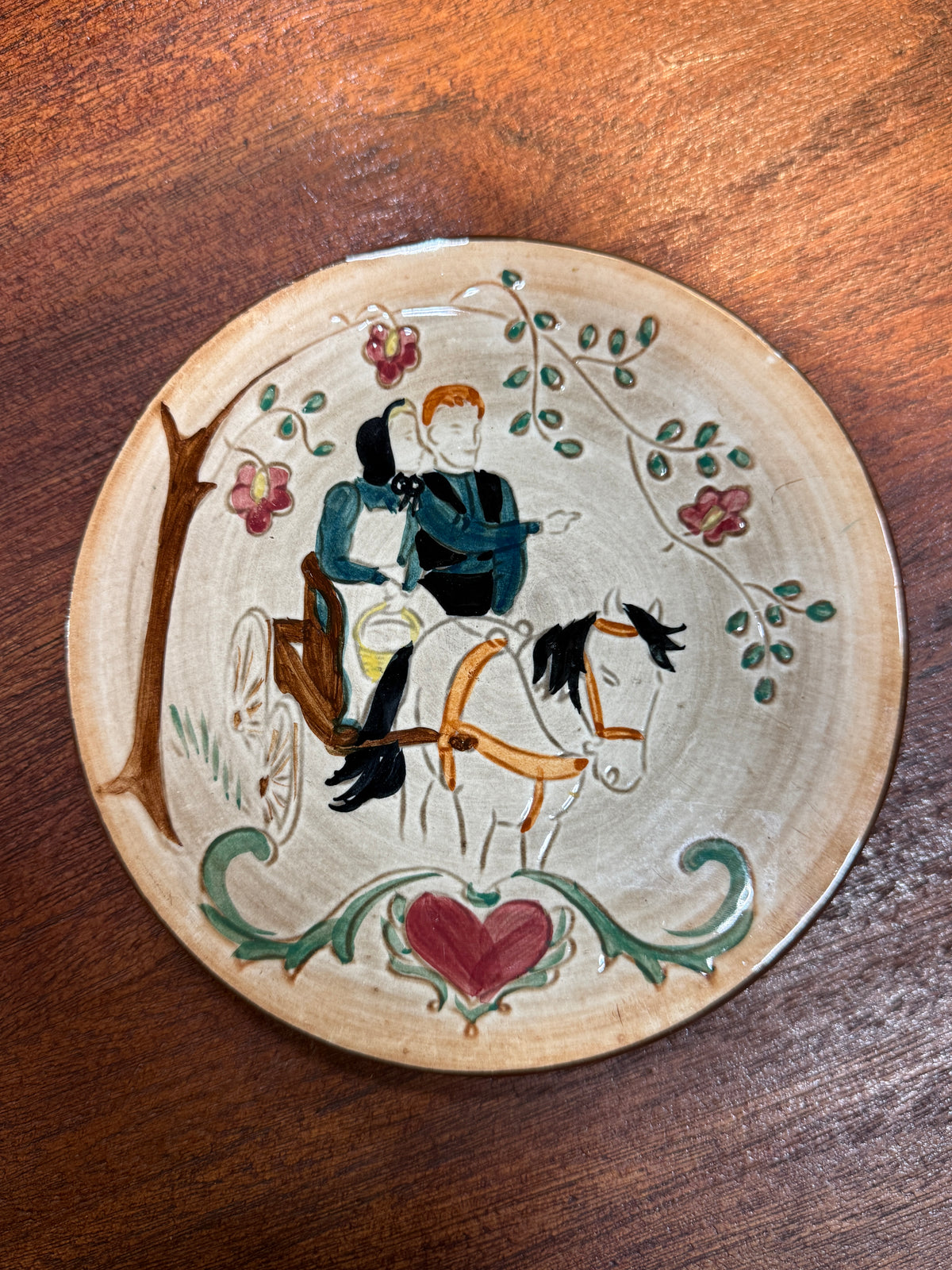 Pair of Pennsbury Pottery Pennsylvania Dutch Plaques, Courting Buggy and Amish Family, Morrisville PA, c. 1957