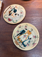 Pair of Pennsbury Pottery Pennsylvania Dutch Plaques, Courting Buggy and Amish Family, Morrisville PA, c. 1957