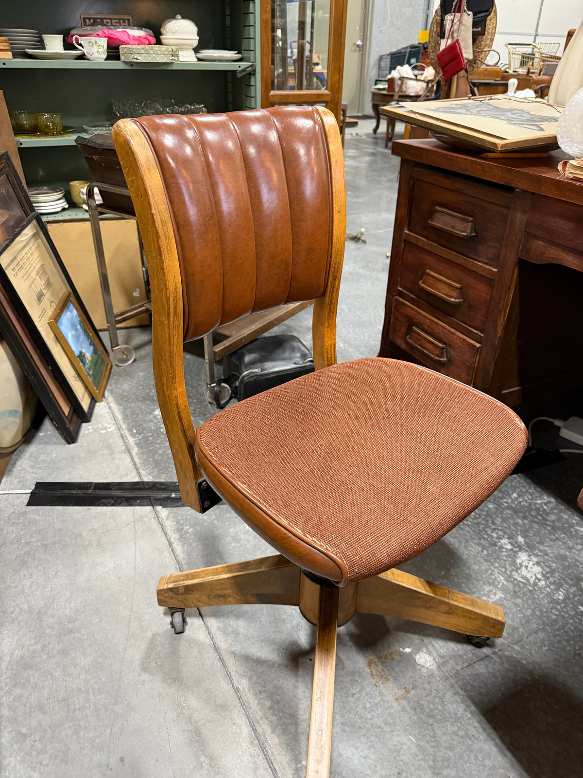 Maple Swivel Desk Chair, Channel-Tufted Back with Nailhead Trim, c. 1940–1960