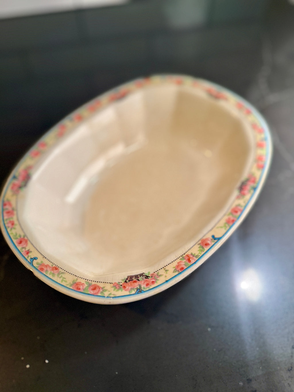 Edwin M. Knowles China Co. Vitreous Floral Border Oval Serving Dish (c. 1926–1932)