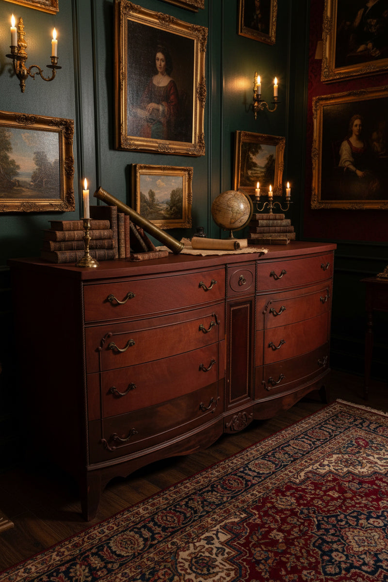 Federal Revival Bow-Front Nine-Drawer Triple Dresser, Mahogany Refinished in Sedona Red, c. 1940–1955