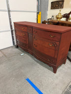 Federal Revival Bow-Front Nine-Drawer Triple Dresser, Mahogany Refinished in Sedona Red, c. 1940–1955