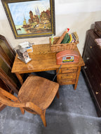 American Oak Writing Desk &amp; Side Chair, Quartersawn Golden Oak, c. 1910–1930