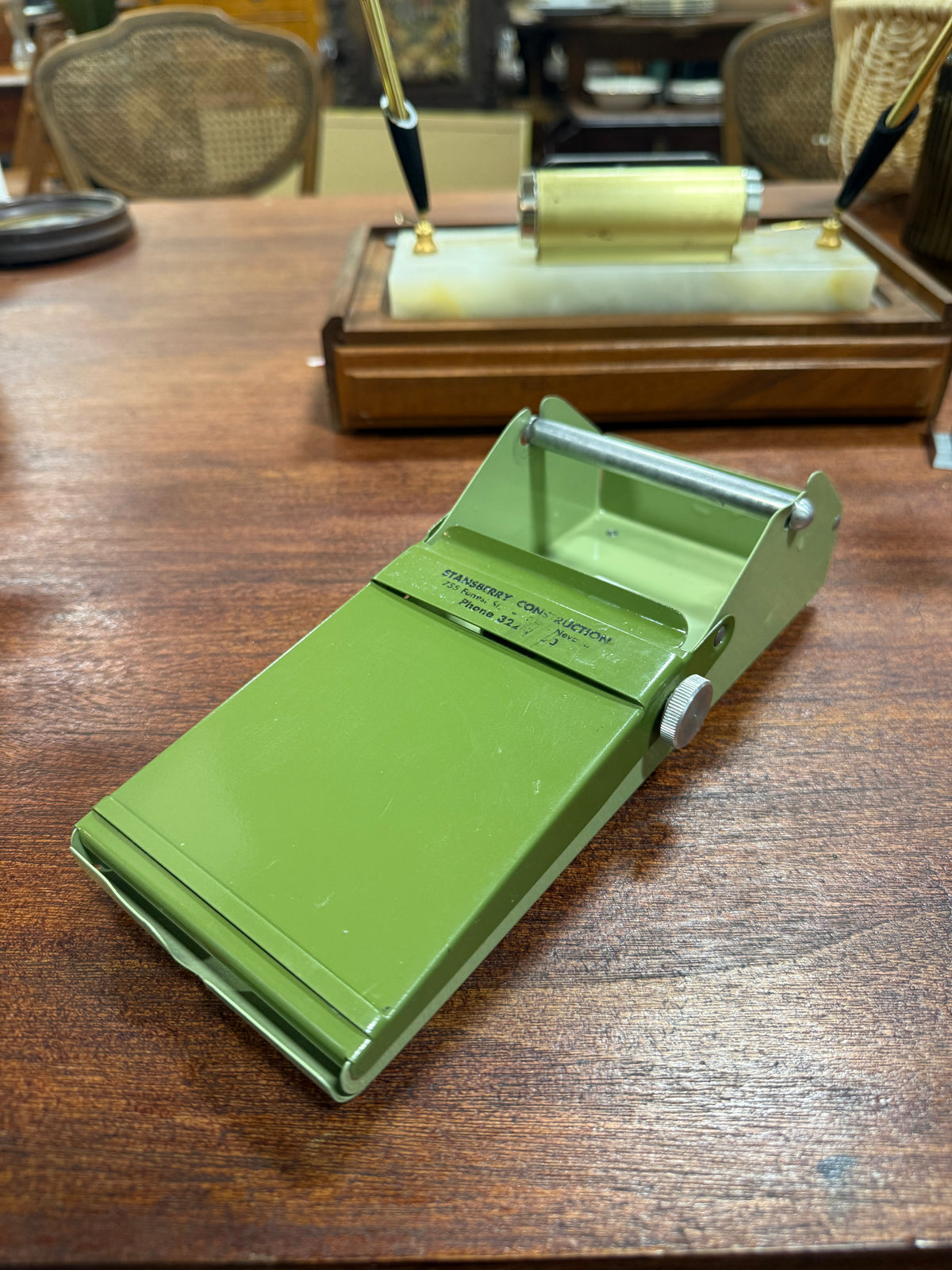 Stansberry Construction Advertising Memo Roll Dispenser, Enameled Steel with Chrome Fittings, Reno Nevada, c. 1965–1975