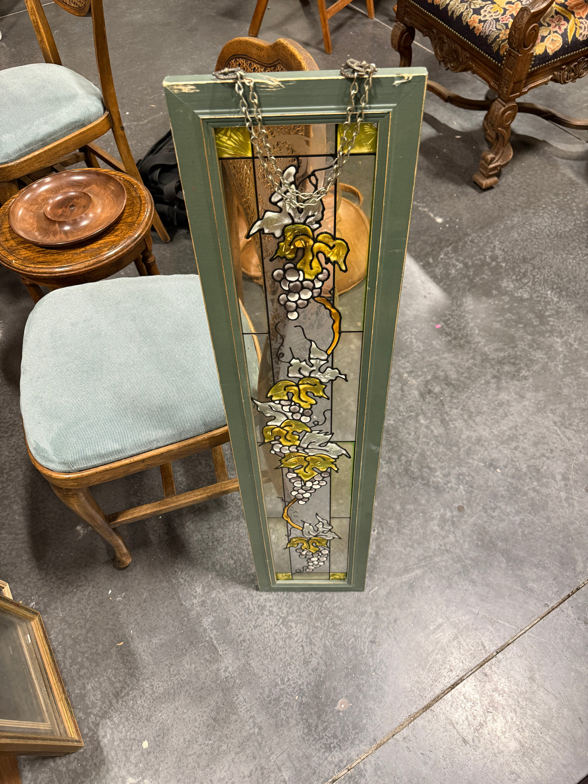 Art Nouveau Antique Grapevine Stained Glass Hanging Panel, c. 1900 Salvaged Glass in Later Framing