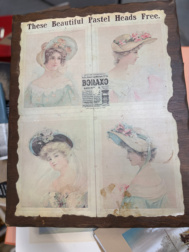 Boraxo "Pastel Heads" Advertising Print on Wood Panel, c. 1907
