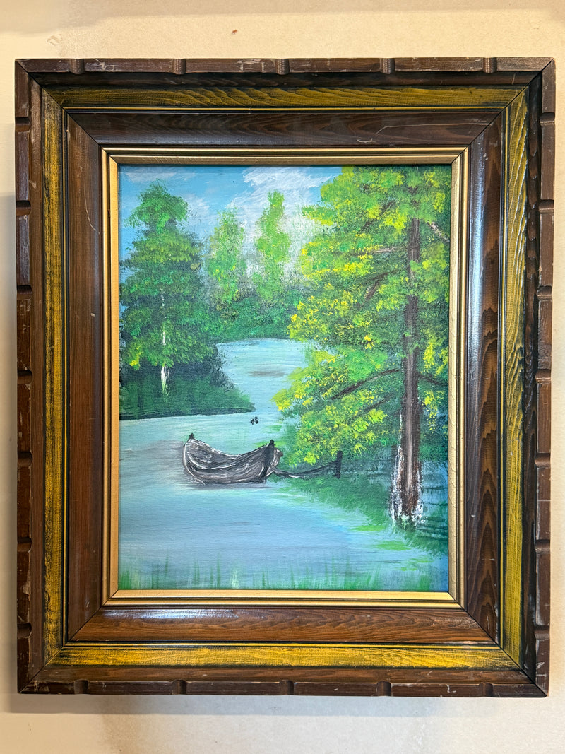 Original Landscape Painting, Skiff on a Still Backwater, in a Carved Dark-Stained Pine Frame with Gilt Liner, c. 1970–1990