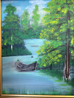 Original Landscape Painting, Skiff on a Still Backwater, in a Carved Dark-Stained Pine Frame with Gilt Liner, c. 1970–1990