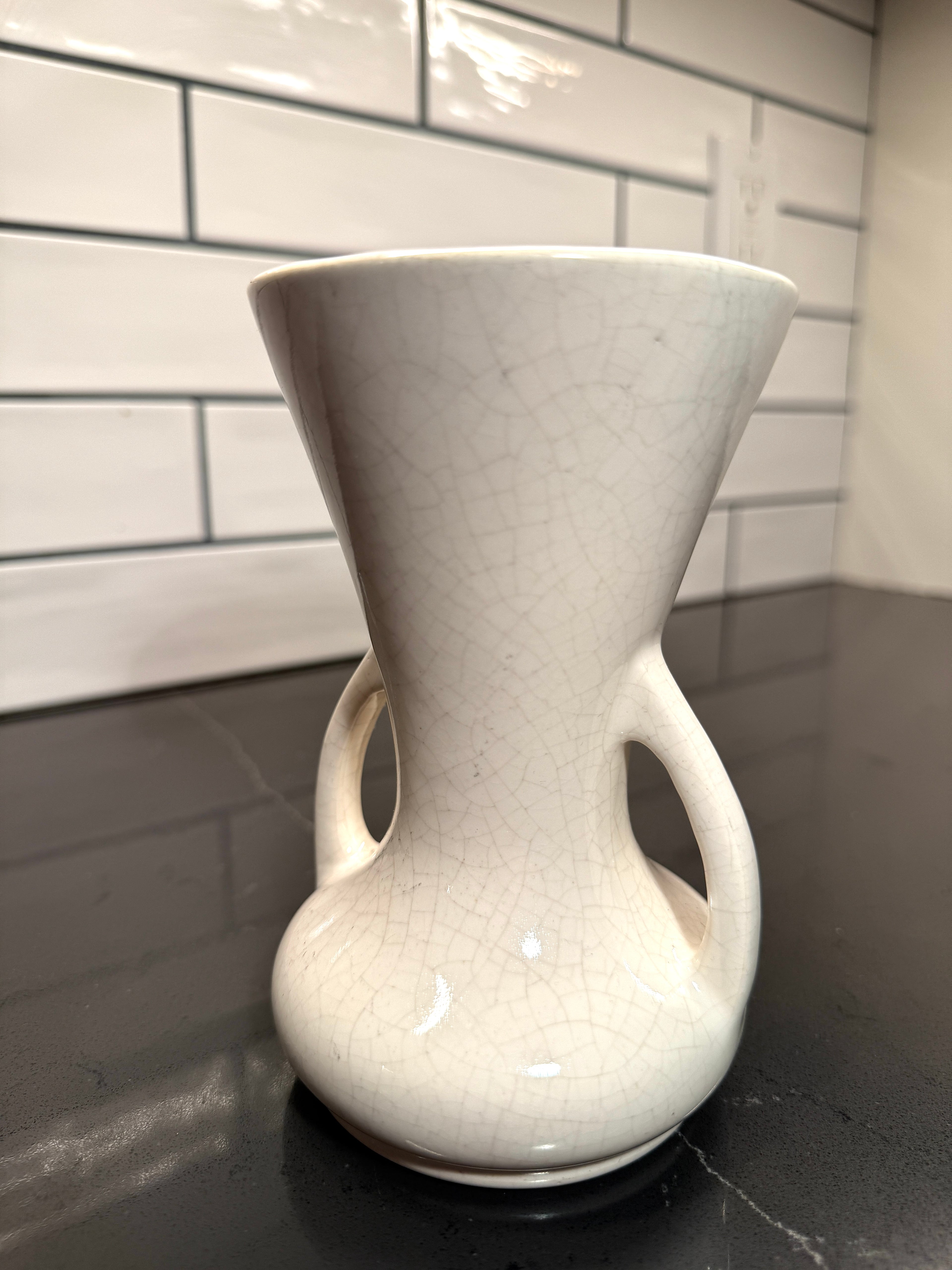 Art Nouveau Ivory Crackle Vase with Dual Handles — American or English Studio Pottery (c.1890–1915)