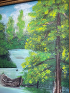 Original Landscape Painting, Skiff on a Still Backwater, in a Carved Dark-Stained Pine Frame with Gilt Liner, c. 1970–1990