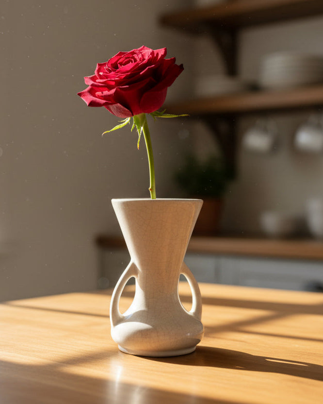 Art Nouveau Ivory Crackle Vase with Dual Handles — American or English Studio Pottery (c.1890–1915)