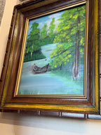 Original Landscape Painting, Skiff on a Still Backwater, in a Carved Dark-Stained Pine Frame with Gilt Liner, c. 1970–1990