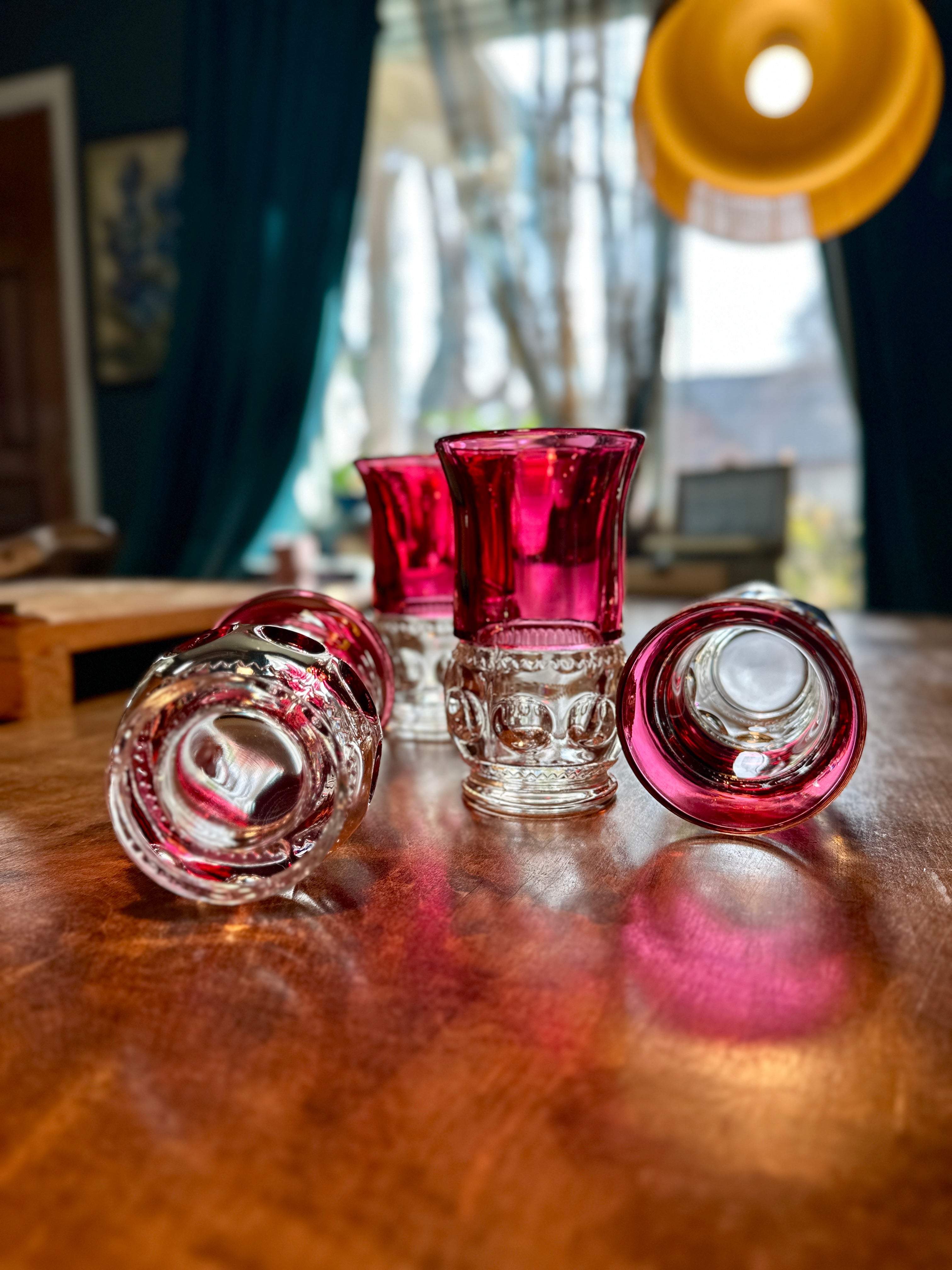 Mid-Century Bohemian Ruby Flashed 8 oz Tumblers – Czechoslovakia c. 1950s–1970s | Set of 4