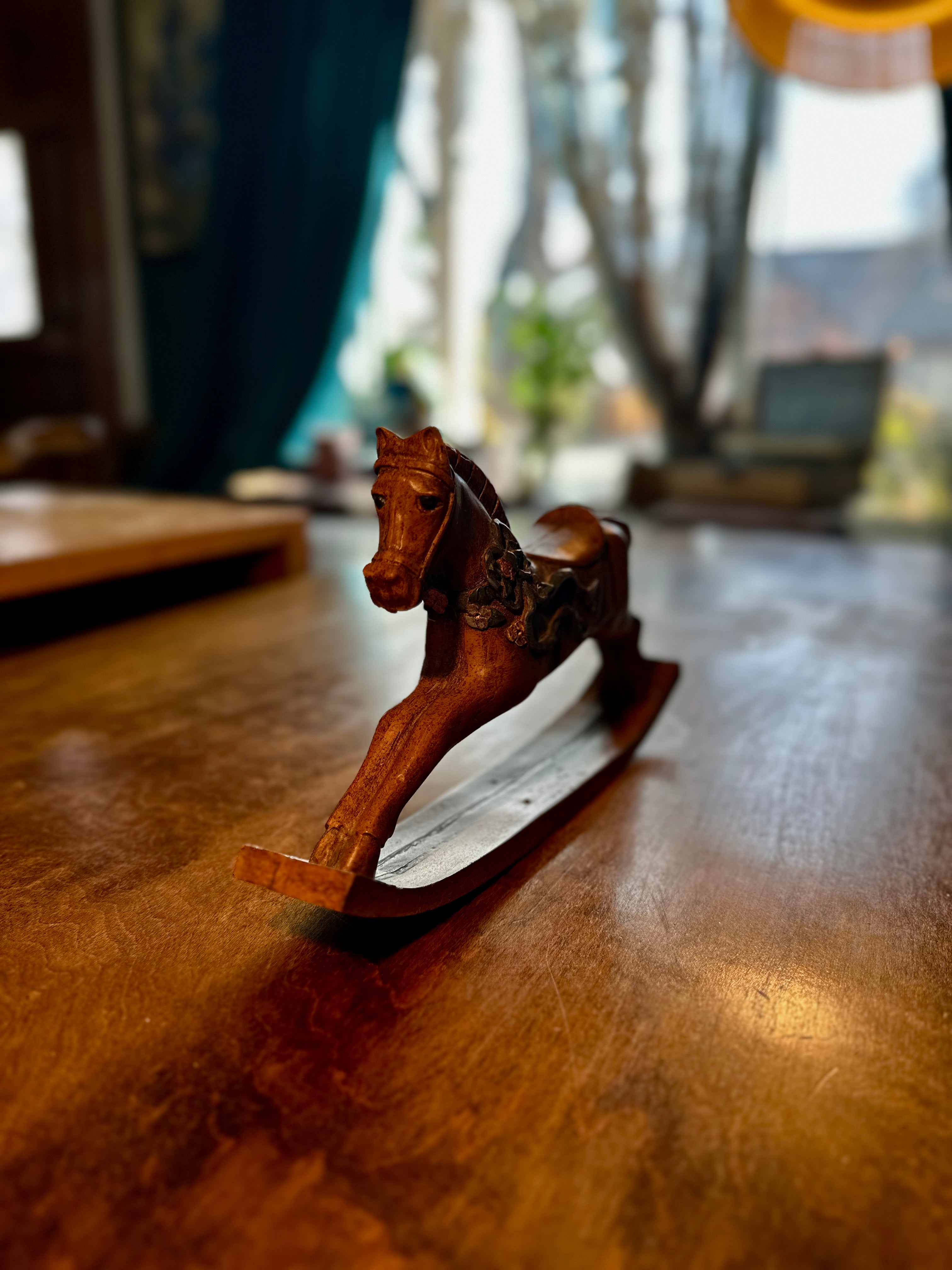 Hand-Carved Folk Art Rocking Horse Signed GH 1983 – Vintage Wooden Sculpture