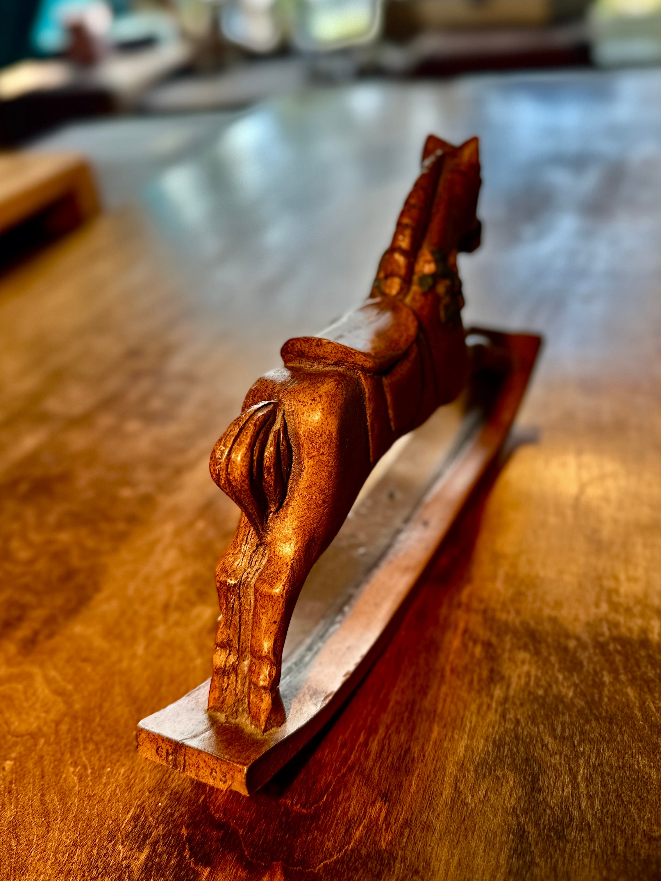 Hand-Carved Folk Art Rocking Horse Signed GH 1983 – Vintage Wooden Sculpture