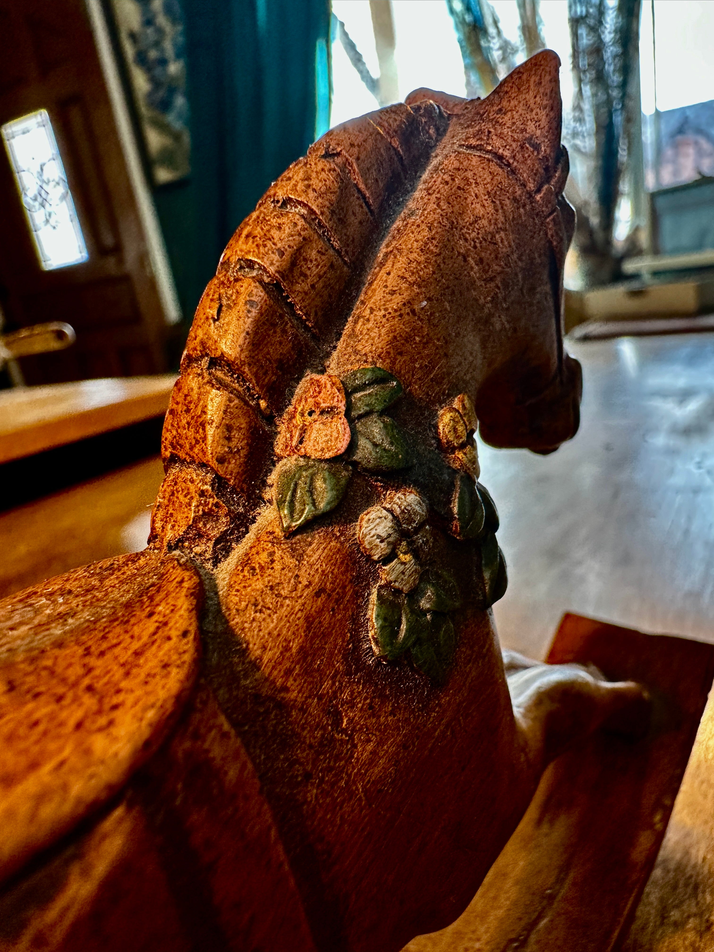 Hand-Carved Folk Art Rocking Horse Signed GH 1983 – Vintage Wooden Sculpture