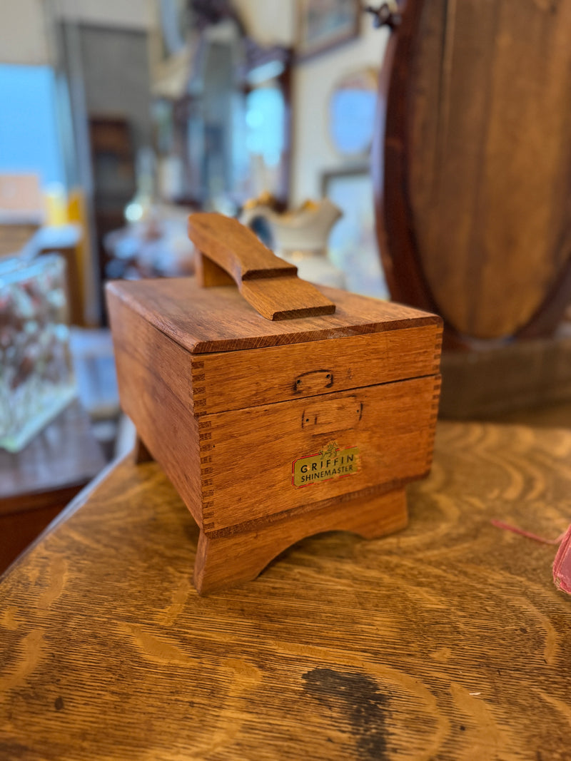 Griffin ShineMaster Oak Shoe Shine Box with Original Lithographed Label and Fitted Foot Rest, c. 1925–1950