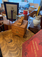 Griffin ShineMaster Oak Shoe Shine Box with Original Lithographed Label and Fitted Foot Rest, c. 1925–1950