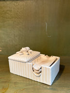 Cigarette Box and Nesting Ashtray Set, Ribbed White Ceramic with Applied Roses, c. 1930-1950
