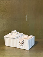 Cigarette Box and Nesting Ashtray Set, Ribbed White Ceramic with Applied Roses, c. 1930-1950