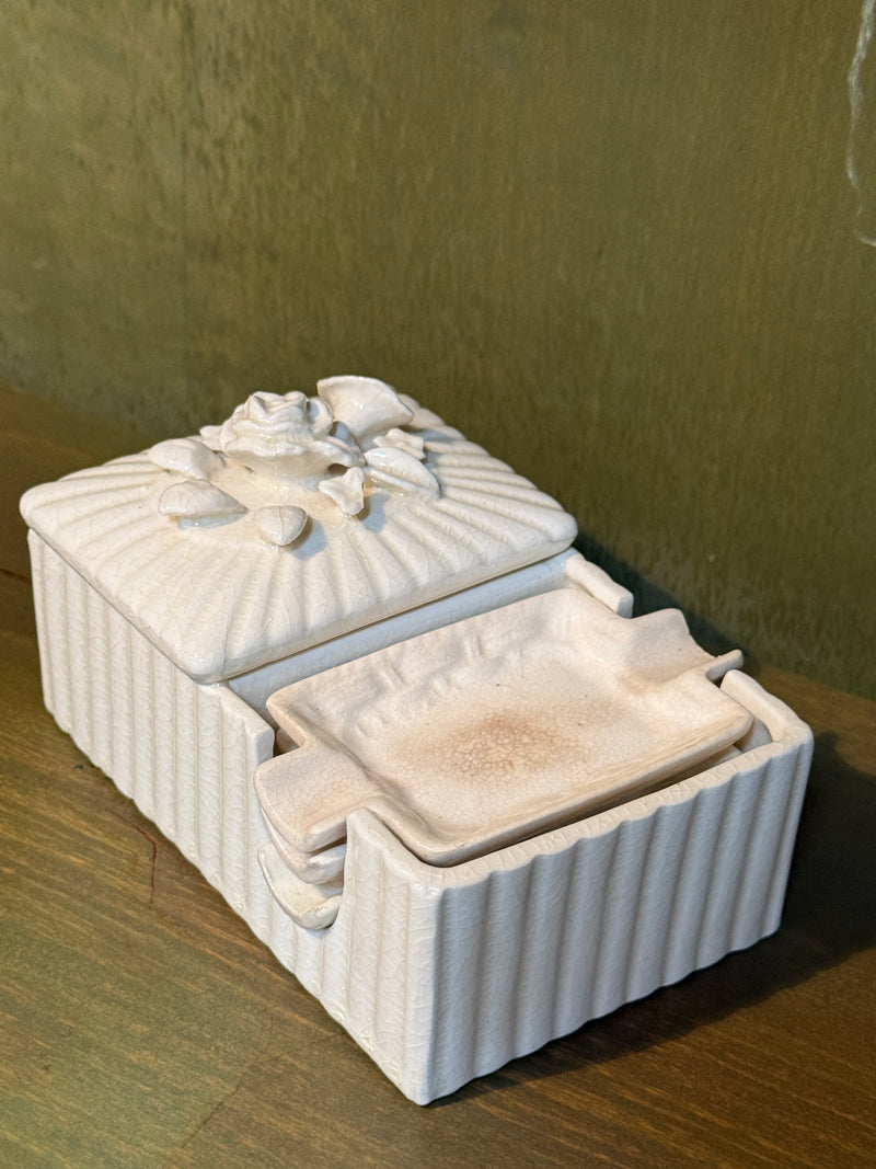 Cigarette Box and Nesting Ashtray Set, Ribbed White Ceramic with Applied Roses, c. 1930-1950