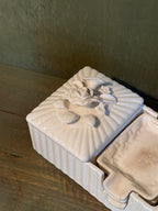Cigarette Box and Nesting Ashtray Set, Ribbed White Ceramic with Applied Roses, c. 1930-1950