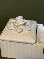 Cigarette Box and Nesting Ashtray Set, Ribbed White Ceramic with Applied Roses, c. 1930-1950