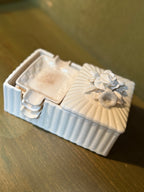 Cigarette Box and Nesting Ashtray Set, Ribbed White Ceramic with Applied Roses, c. 1930-1950