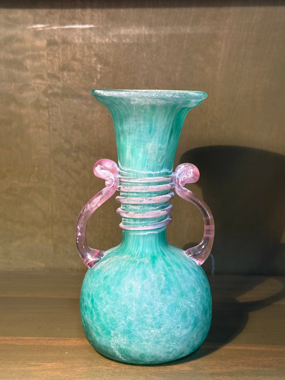 Hand-Blown Satin Spatter Glass Amphora Vase, Mottled Sea Green with Applied Pink Handles, c. 1900–1950