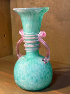 Hand-Blown Satin Spatter Glass Amphora Vase, Mottled Sea Green with Applied Pink Handles, c. 1900–1950