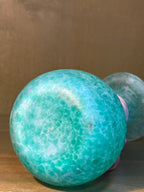 Hand-Blown Satin Spatter Glass Amphora Vase, Mottled Sea Green with Applied Pink Handles, c. 1900–1950