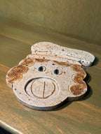 Signed Studio Pottery Bear Chef Spoon Rest, Hand-Built Speckled Stoneware with Iron Oxide and Cobalt, c. 1970–1990