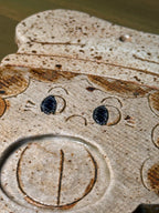 Signed Studio Pottery Bear Chef Spoon Rest, Hand-Built Speckled Stoneware with Iron Oxide and Cobalt, c. 1970–1990