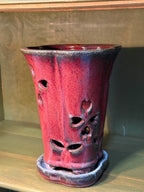 Pierced Butterfly Orchid Pot with Attached Saucer, Oxblood Red Flambé Glaze over Stoneware, c. 1980–2010