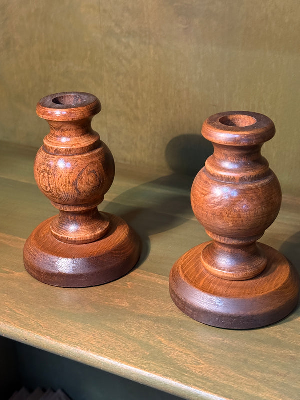 Pair of Turned Oak Candlesticks, Baluster Form with Weighted Baize-Lined Bases, c. 1950–1980