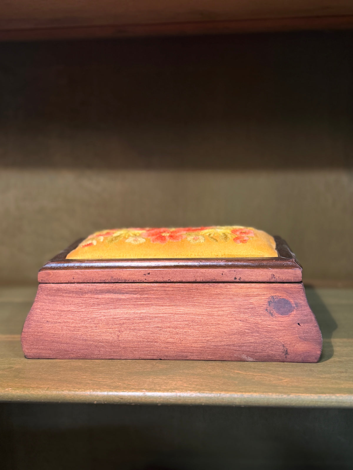 Silk Embroidered Dresser Box, Hand-Worked Floral Panel on a Refinished Hardwood Case, c. 1940–1970