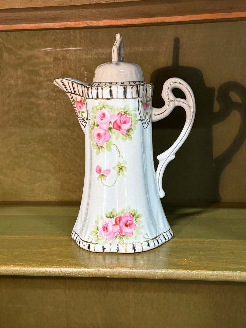 Hand-Painted Porcelain Chocolate Pot, Pink Cabbage Roses with Gold and Black Banding, Paneled Body and Pierced Scroll Finial, c. 1900–1925