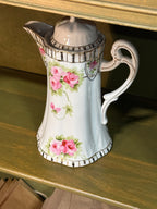 Hand-Painted Porcelain Chocolate Pot, Pink Cabbage Roses with Gold and Black Banding, Paneled Body and Pierced Scroll Finial, c. 1900–1925