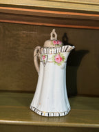 Hand-Painted Porcelain Chocolate Pot, Pink Cabbage Roses with Gold and Black Banding, Paneled Body and Pierced Scroll Finial, c. 1900–1925