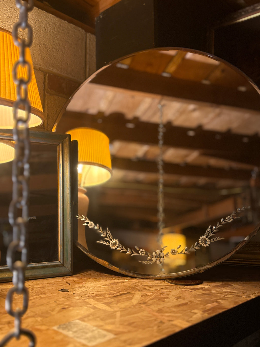 Early 20th Century Etched Round Mirror with Floral Garland, c. 1905–1925