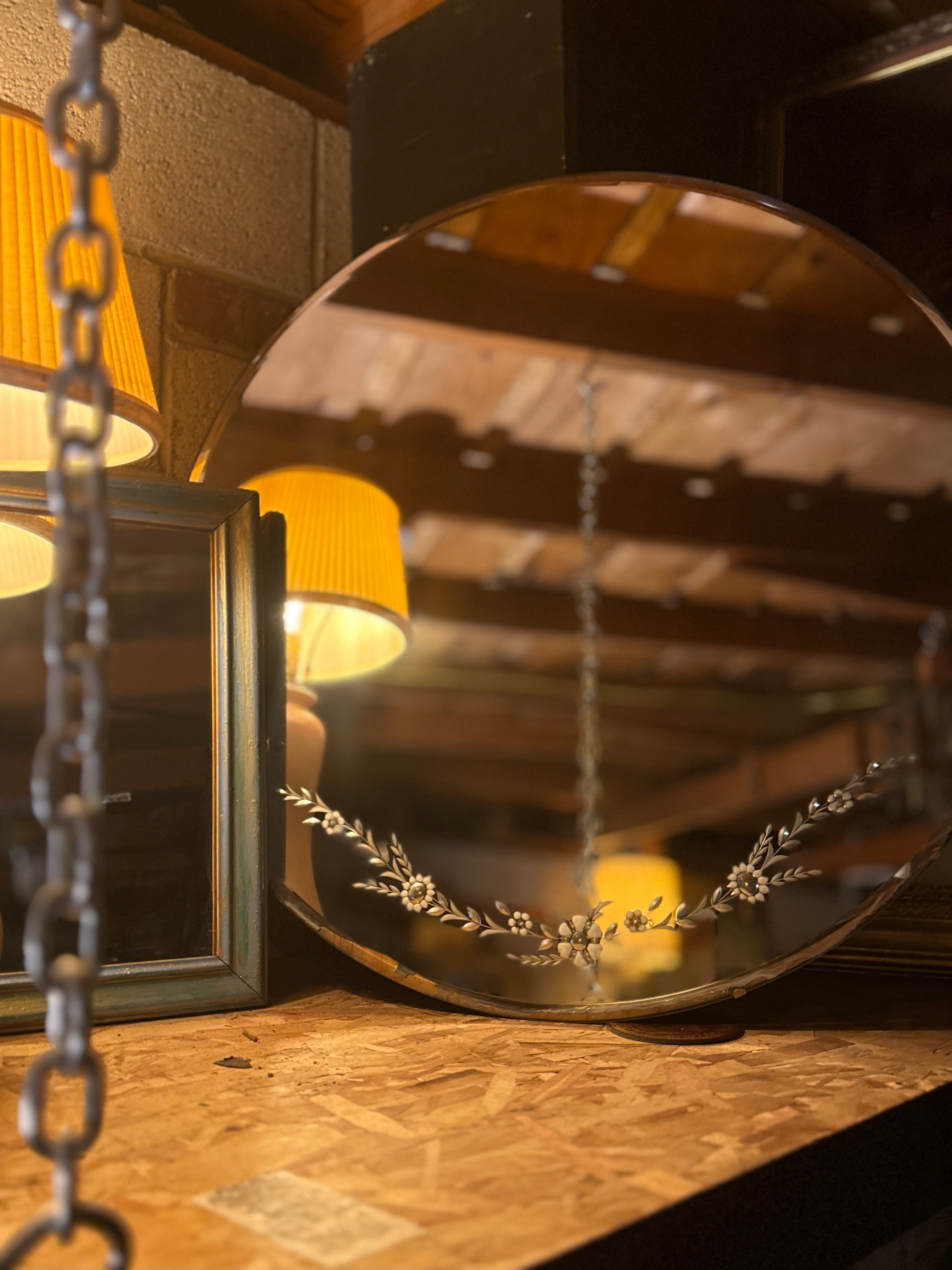 Early 20th Century Etched Round Mirror with Floral Garland, c. 1905–1925