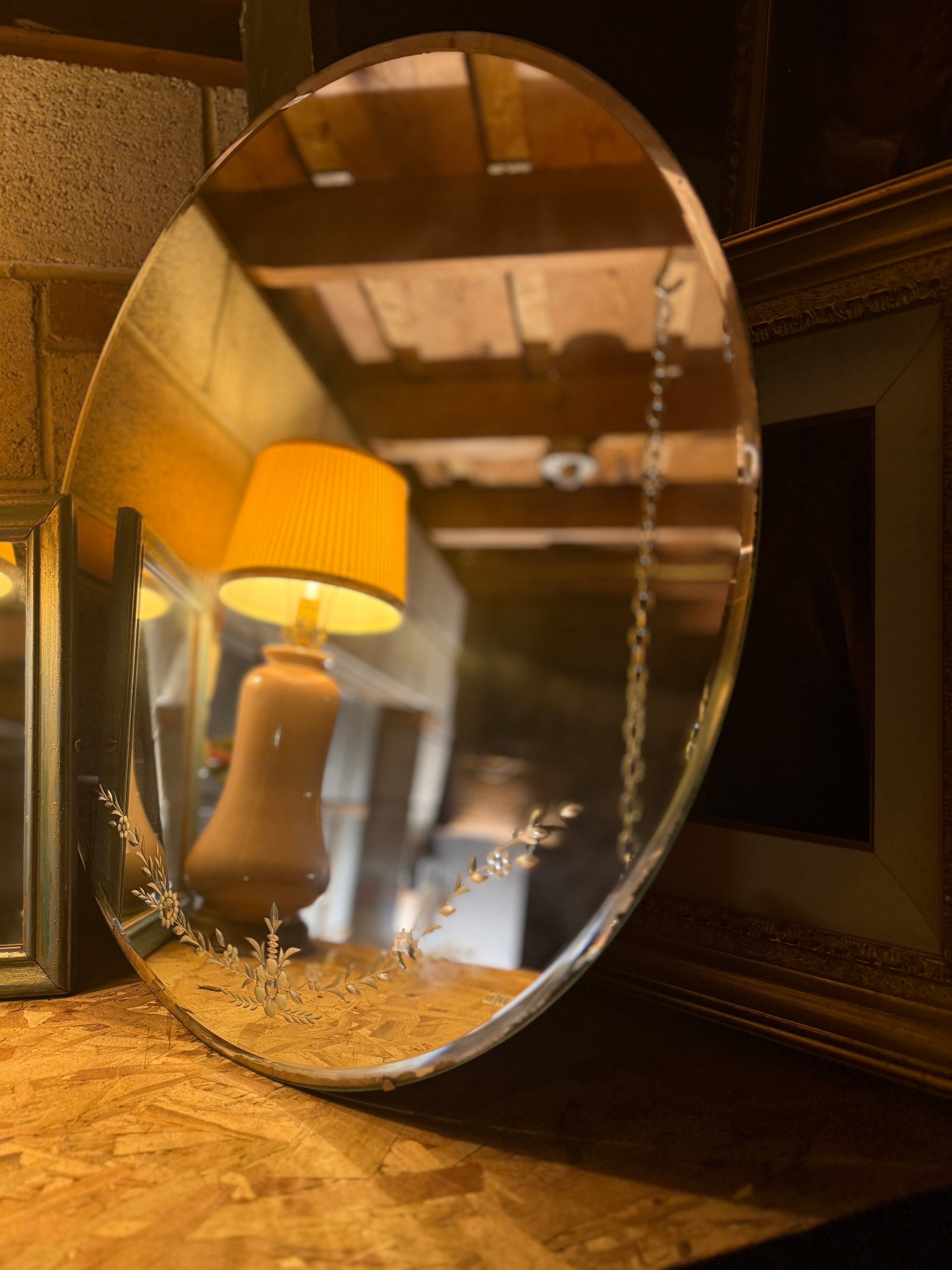 Early 20th Century Etched Round Mirror with Floral Garland, c. 1905–1925