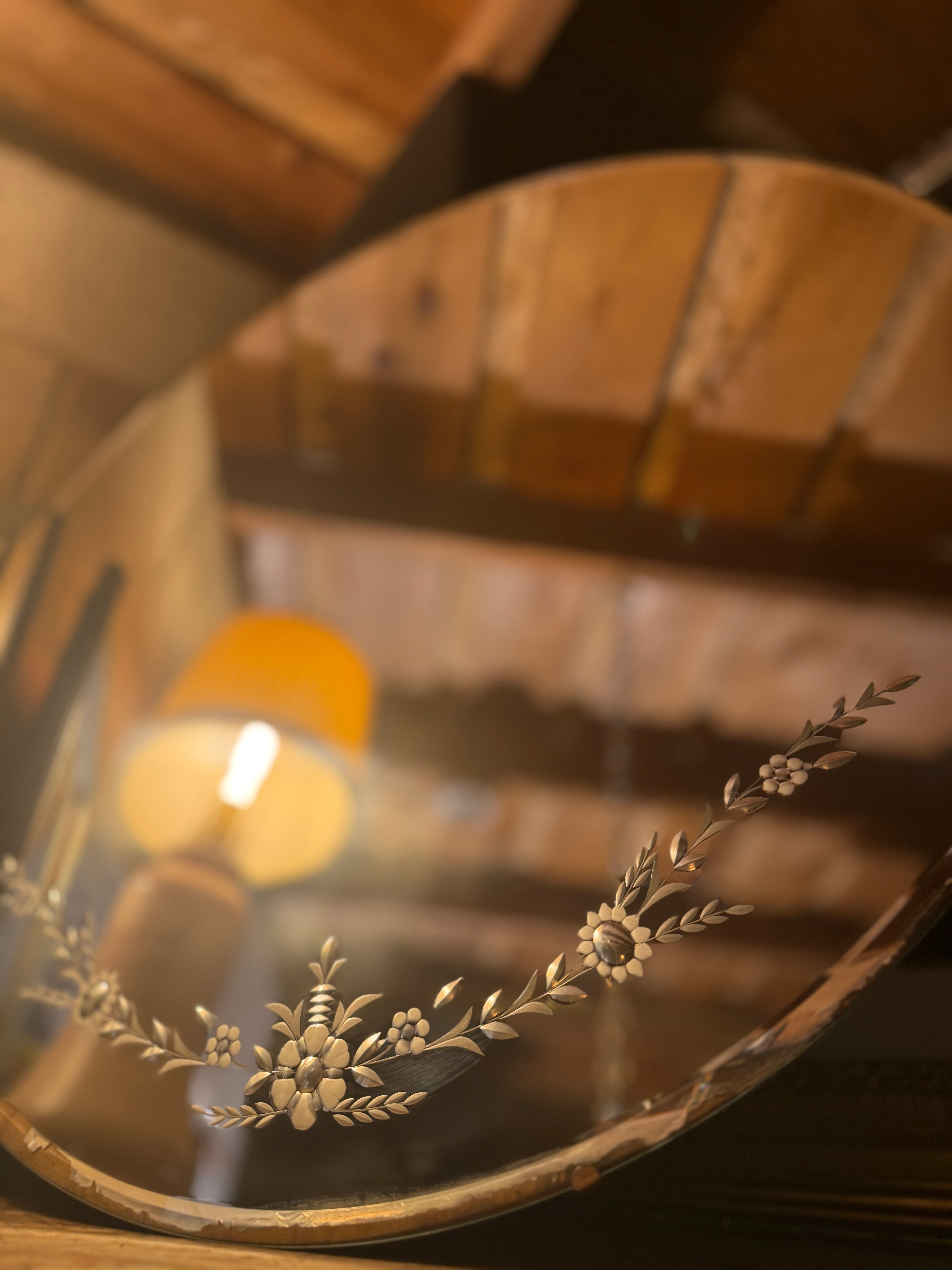 Early 20th Century Etched Round Mirror with Floral Garland, c. 1905–1925