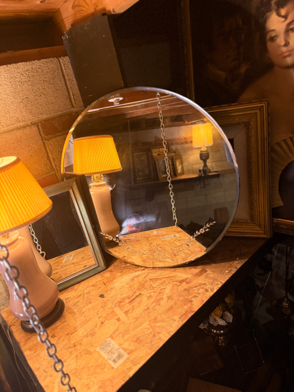 Early 20th Century Etched Round Mirror with Floral Garland, c. 1905–1925