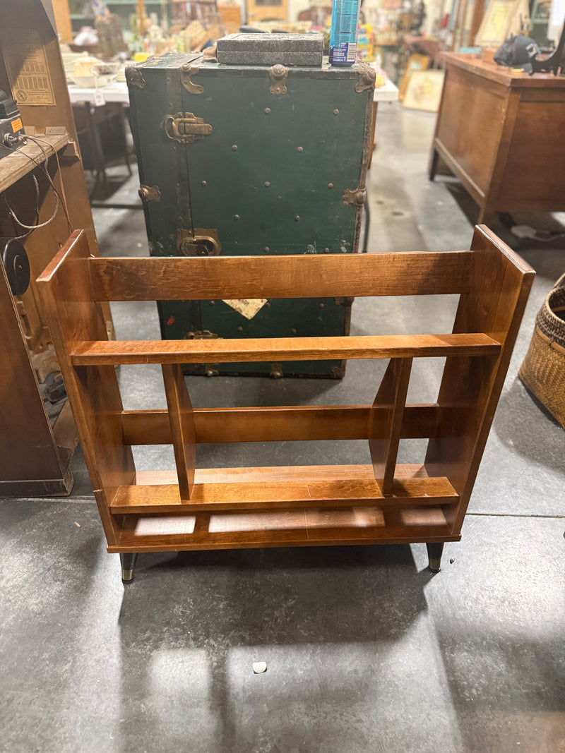 Mid-Century Modern Magazine and Record Rack, Two-Bay Open Frame with Splayed Tapered Legs and Brass Ferrules, c. 1955–1970