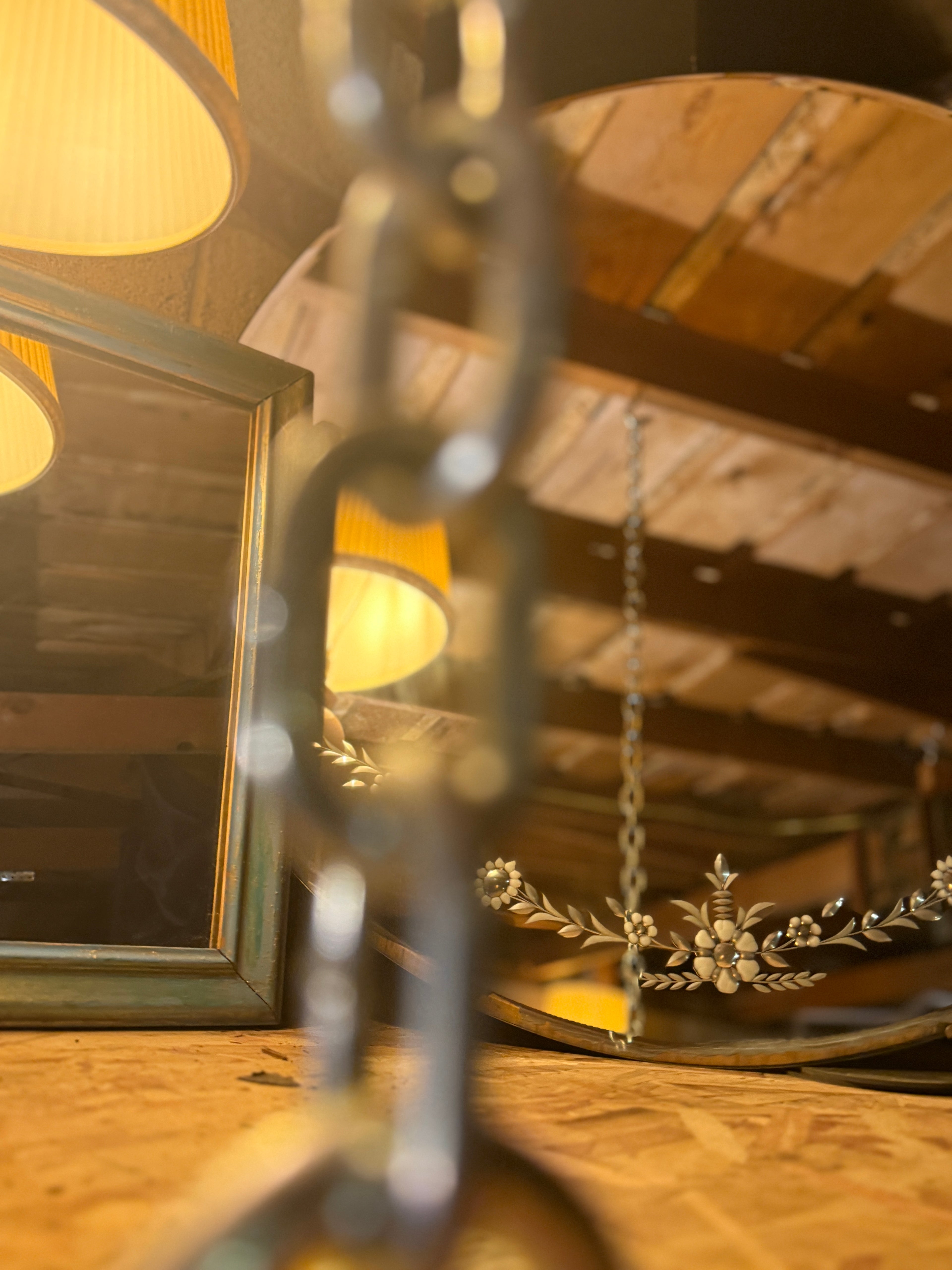 Early 20th Century Etched Round Mirror with Floral Garland, c. 1905–1925