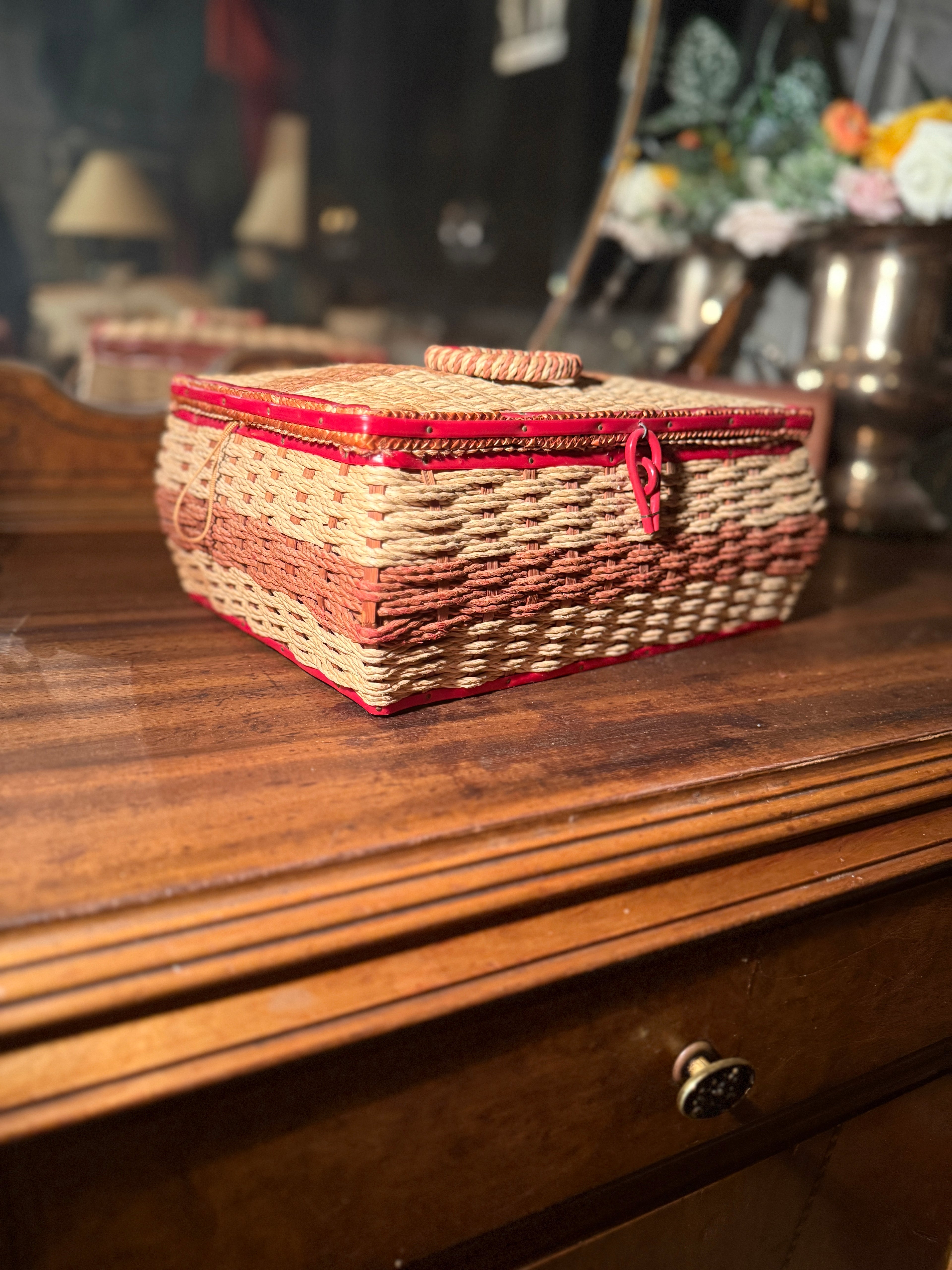 Early 20th-Century Woven Sewing Basket with Coral Satin Interior