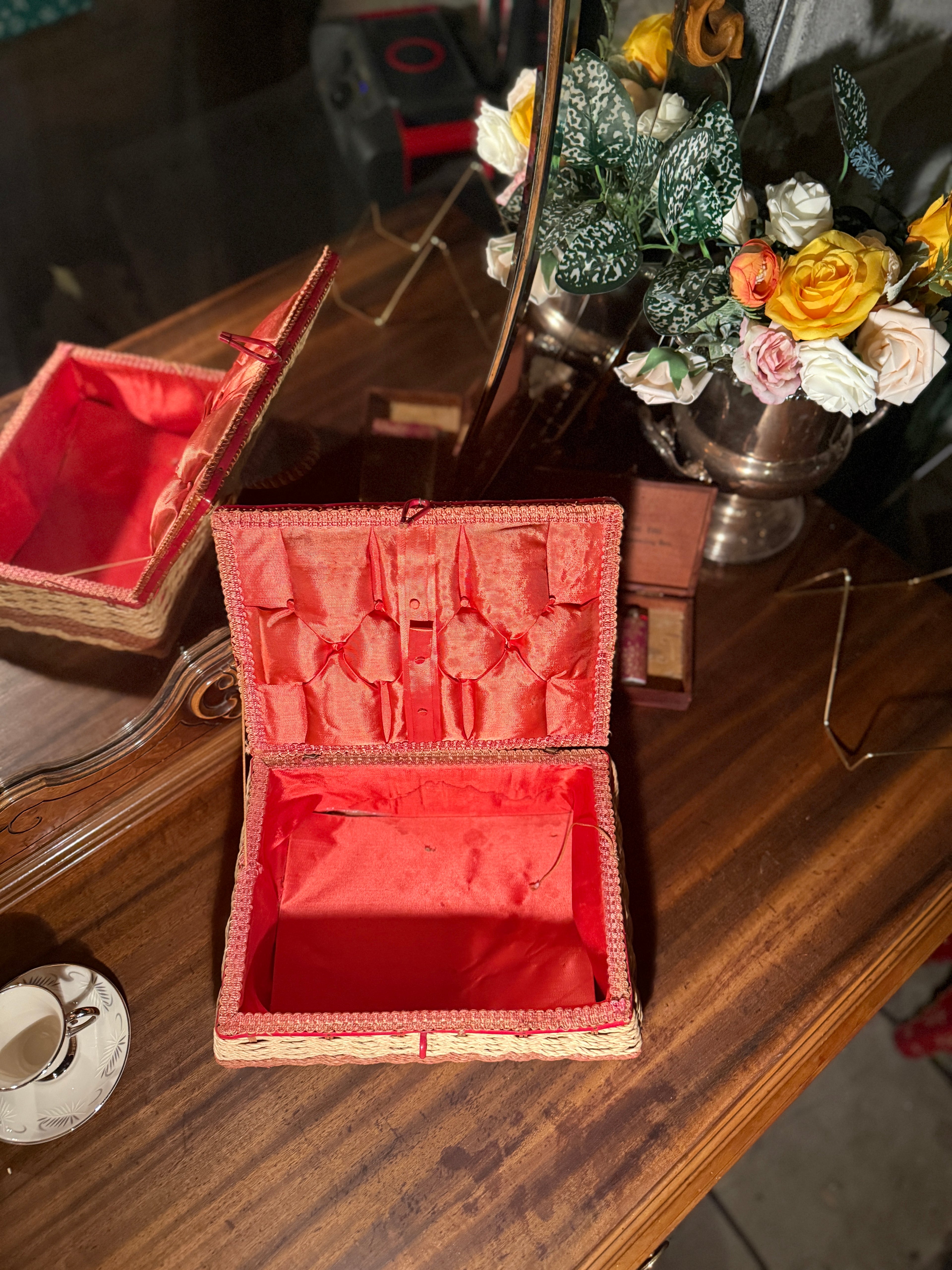 Early 20th-Century Woven Sewing Basket with Coral Satin Interior