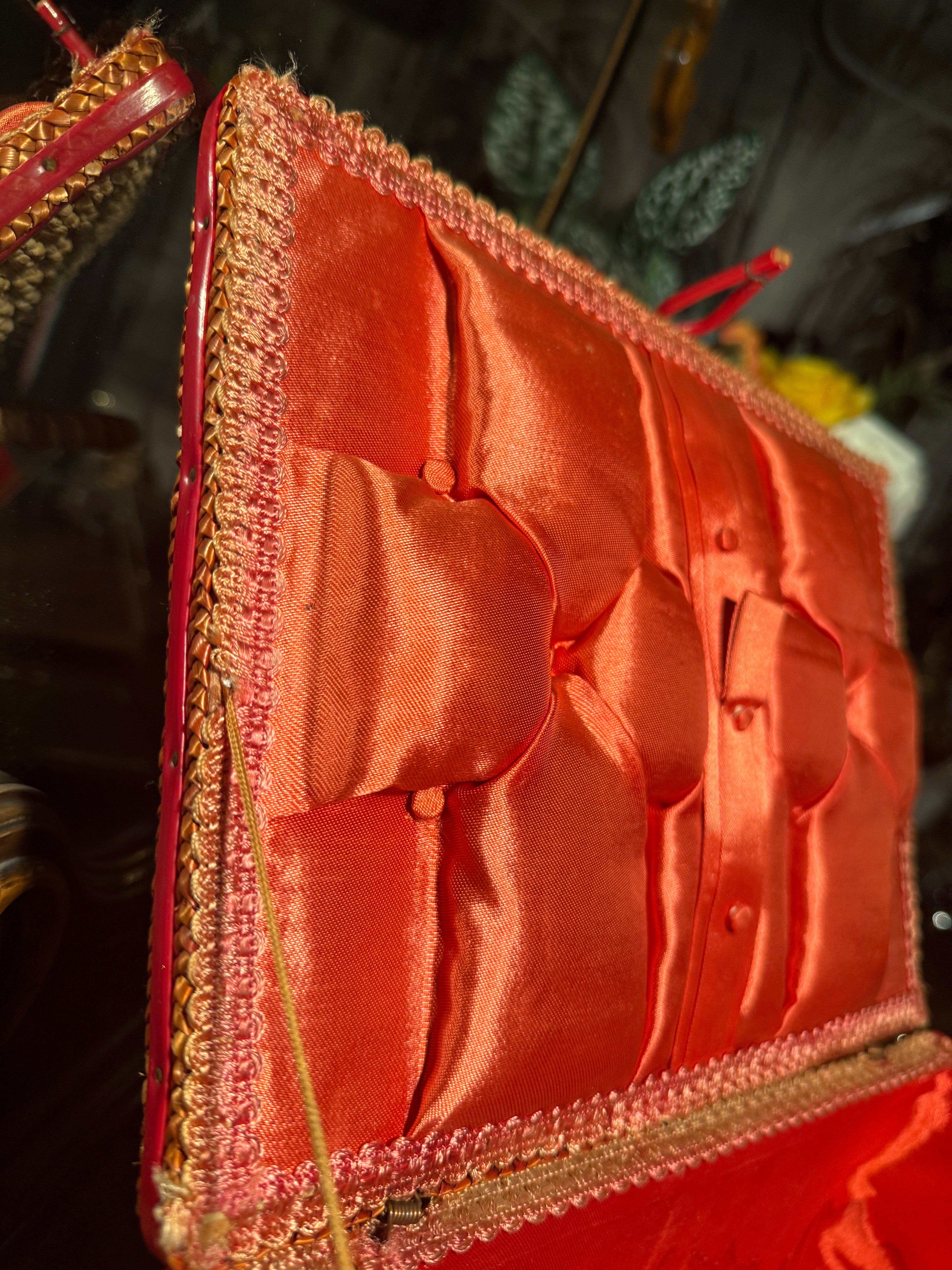 Early 20th-Century Woven Sewing Basket with Coral Satin Interior
